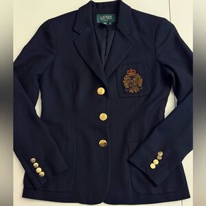 L Ralph Lauren Navy Blue Blazer with Gold Accents Size 2 Petite 100% wool